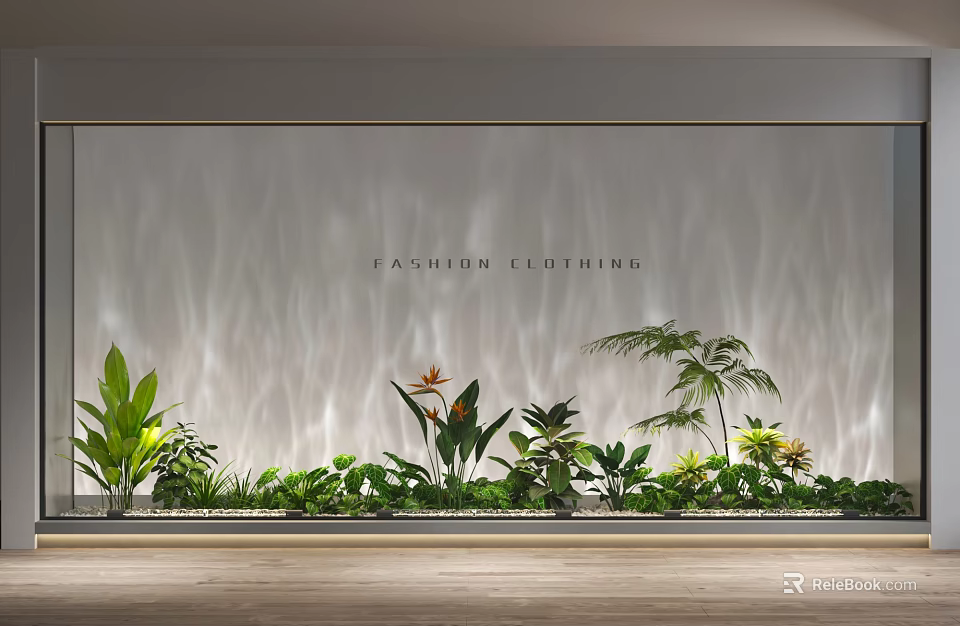 Fashion Clothing Store Interior With Wavy Textured Wall Green Plants And Wooden Floor 3d model 