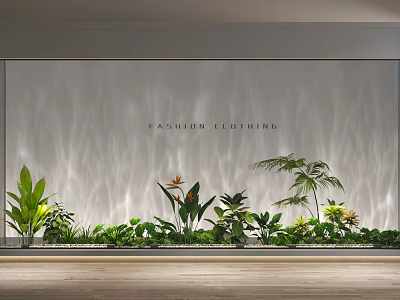 Fashion Clothing Store Interior With Wavy Textured Wall Green Plants And Wooden Floor 3d model
