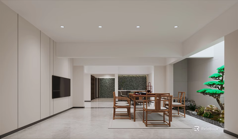 Modern Basement Interior Design With TV Area Wooden Table And Green Plants 3d model