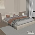 Elegant Modern Bedroom With Large Bed Pillows Blanket And City View Window