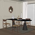 Modern Restaurant Interior With Long Table Woven Chairs White Walls And Decorative Mirror
