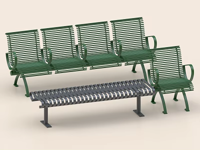 Green Metal Public Chairs With Striped Design Including Benches And Single Seats 3d model