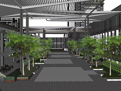 Serene Garden Landscape With Covered Walkway Stone Paved Ground and Lush Trees 3d model