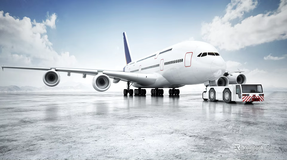 White Passenger Airplane With Blue Tail Parked On Airport Tarmac Near Ground Service Vehicle 3d model 