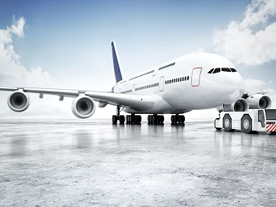 White Passenger Airplane With Blue Tail Parked On Airport Tarmac Near Ground Service Vehicle 3d model