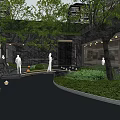Modern Courtyard Garden with High Rise Residential Buildings Entrance Trees and Waterfront
