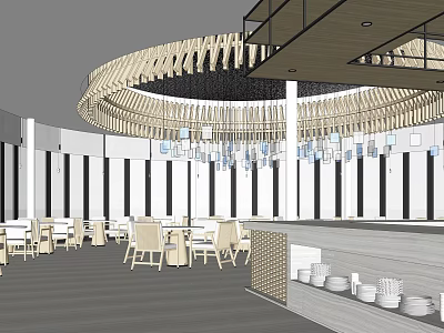 Modern Restaurant Interior Featuring Circular Wooden Chandelier White Tables And Striped Walls 3d model