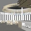 Modern Restaurant Interior Featuring Circular Wooden Chandelier White Tables And Striped Walls
