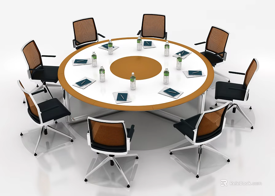 Round Conference Table With Water Bottles Notebooks And Office Chairs In Meeting Room 3d model 