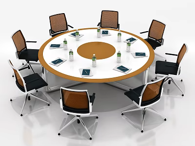 Round Conference Table With Water Bottles Notebooks And Office Chairs In Meeting Room 3d model