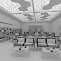 Modern Public Office Space Interior With Desks Computers Sofas Bookshelves And Hexagonal Lights 3d model