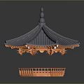 Traditional Pavilion Structure With Layered Gray Tile Roof And Ornate Orange Railing Base