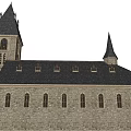 Ancient Historic Building With Stone Walls Spire Tower And Gothic Windows