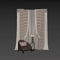 Modern Beige And White Curtains With Geometric Pattern By Armchair And Flowers