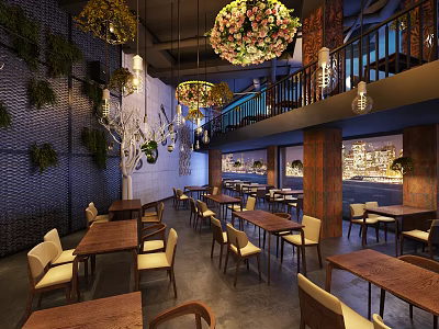 Restaurant Interior With Wooden Tables Chairs Green Plant Walls Floral Chandeliers Mezzanine And City View 3d model
