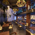 Restaurant Interior With Wooden Tables Chairs Green Plant Walls Floral Chandeliers Mezzanine And City View
