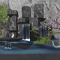 Modern Stone Feature Wall With Waterfall Green Plants Cherry Blossom Tree And Water Pool