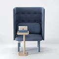 Blue Fabric Single Sofa with Button Tufted Back and Wooden Side Table Holding Tablet 3d model
