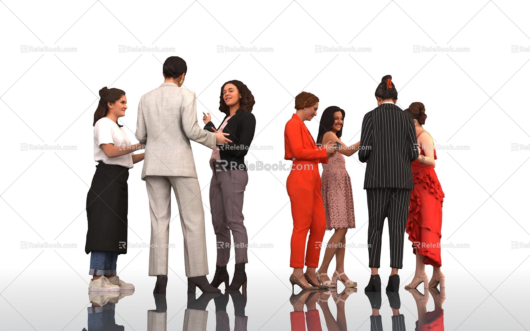 Women Women Women Red Clothes Suit Workplace Professional Waiter Suit Dialogue Party Exchange Multi-person Beauty Crowd Figure Model 3d model