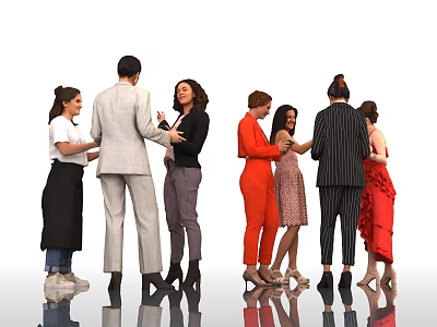 Women in Different Stylish Outfits Interacting on White Background With Floor Reflections 3d model