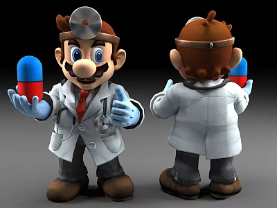 Mario Character In Doctor Coat Holding Blue Capsule With Stethoscope 3D Model Front Back View 3d model