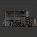 Warehouse Garage Scene With Roll Up Doors Wooden Pallets Covered Items And Damaged Walls