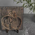 Decorative Ornament Set with Elephant Carving and Chinese Characters on Stand Base with Green Plant