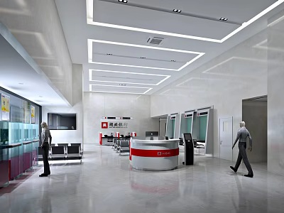 Modern Service Hall Interior With Reception Desk Waiting Area And Self Service Machines 3d model