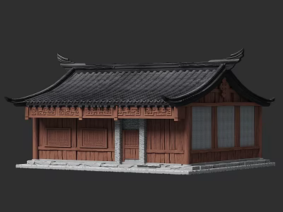 Cartoon Scene Featuring Traditional Chinese Wooden Building With Curved Eaves And Black Tiled Roof 3d model