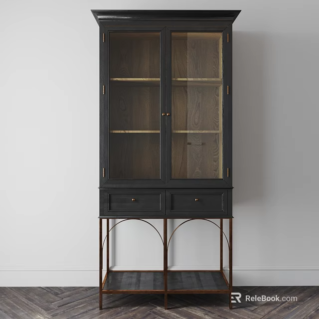 Elegant Dark Wooden Display Cabinet With Glass Doors Metal Legs And Drawers 3d model 