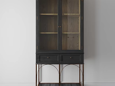 Elegant Dark Wooden Display Cabinet With Glass Doors Metal Legs And Drawers 3d model