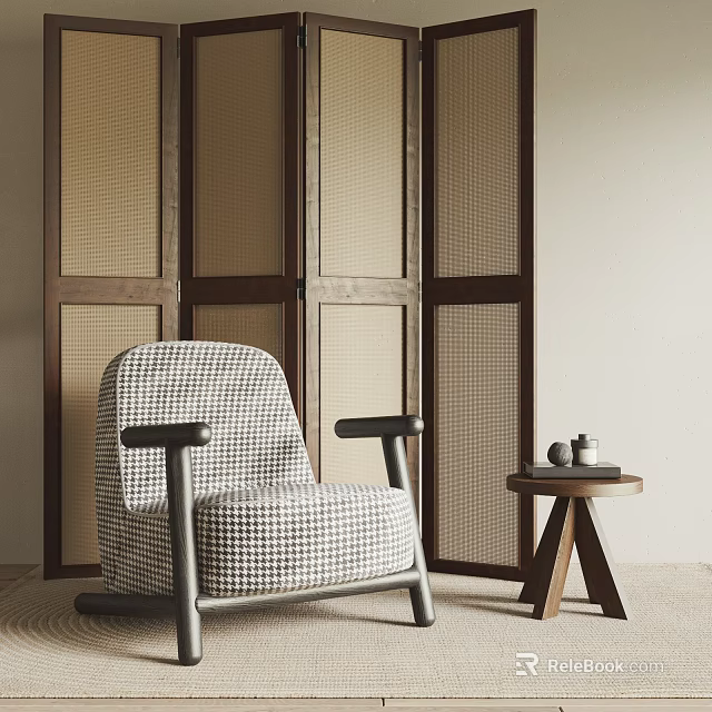 Single Seater Sofa With Houndstooth Pattern Small Side Table And Wooden Shoji Screen 3d model