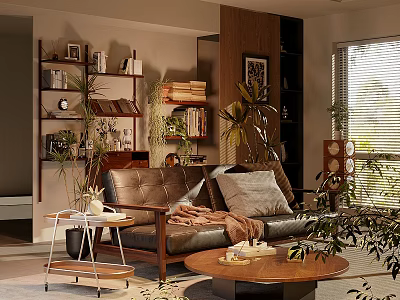 Cozy Living Room With Brown Leather Sofa Throw Pillows Blanket Bookshelves Plants And Coffee Table 3d model