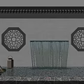 Scenic Wall Featuring White Surface Octagonal Carved Windows Central Waterfall And Stone Lanterns 3d model