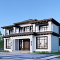 Traditional Chinese Style Two Story Detached Villa Exterior With Black Roof White Walls And Lawn 3d model