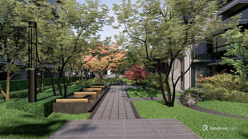 Serene Residential Landscape With Trees Stone Paved Path Benches And Green Lawns 3d model 