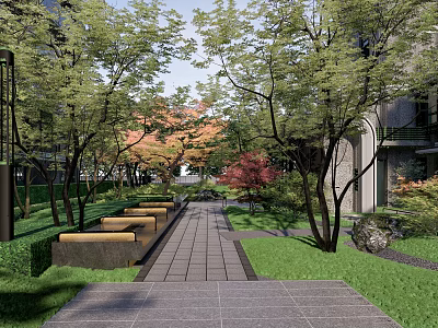 Serene Residential Landscape With Trees Stone Paved Path Benches And Green Lawns 3d model