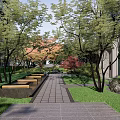 Serene Residential Landscape With Trees Stone Paved Path Benches And Green Lawns