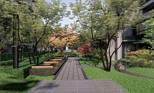 Modern Residential District Landscape Laneway Rain Garden Road Outdoor Bench Forest Rest 3d model