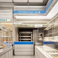 Modern Dessert Shop Interior With Display Cases Blue Seats And White Counters