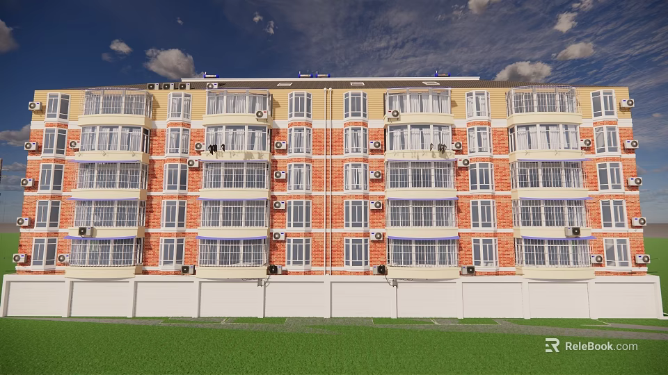 Multistory Apartment Building Exterior With Red Brick Yellow Facade Windows Green Lawn And White Fence 3d model 