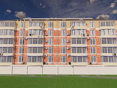 Multistory Apartment Building Exterior With Red Brick Yellow Facade Windows Green Lawn And White Fence 3d model