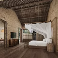 Rustic Guesthouse Architecture With Stone Walls Wooden Beam Roof And White Mosquito Net Bed
