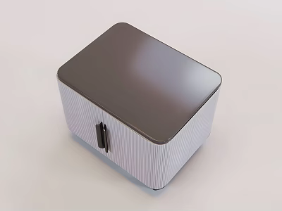 Square Storage Box With Gray Lid White Striped Sides And Black Latch Design Detail 3d model