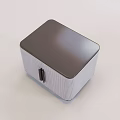 Square Storage Box With Gray Lid White Striped Sides And Black Latch Design Detail