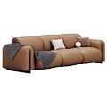 Modern Three Seater Sofa in Brown Green Blue with Decorative Pillows and Throw Blankets