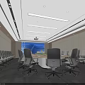 Modern Conference Room With Long Table Projection Screen Ceiling Lights And Comfortable Chairs 3d model
