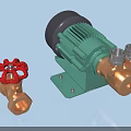 Industrial Equipment Including Red Handwheel Valve and Green Electric Motor Pump with Metal Components