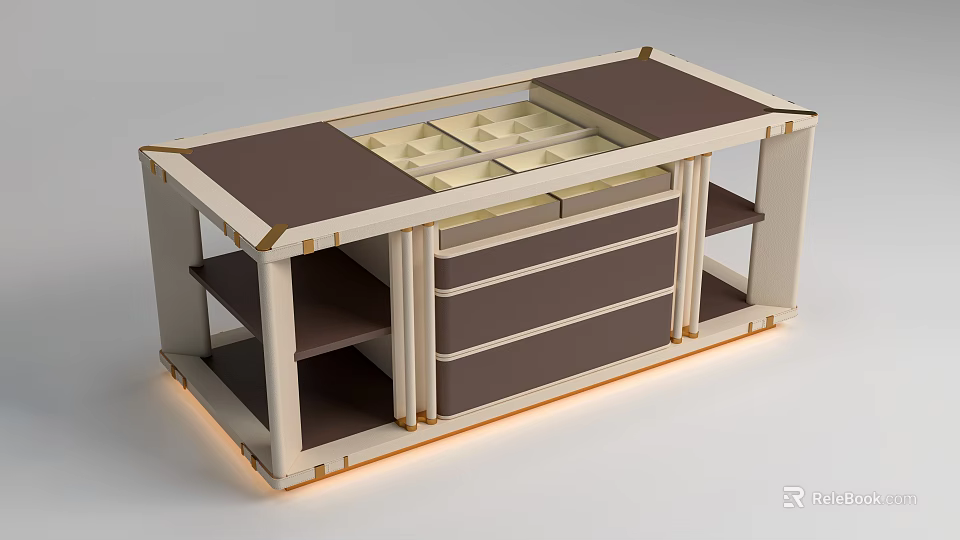 Modern Kitchen Island Cabinet Featuring Storage Drawers Open Shelves And Lighting 3d model 
