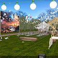 Outdoor Garden Landscape With Hanging String Lights Green Grass Wooden Structure And Chairs